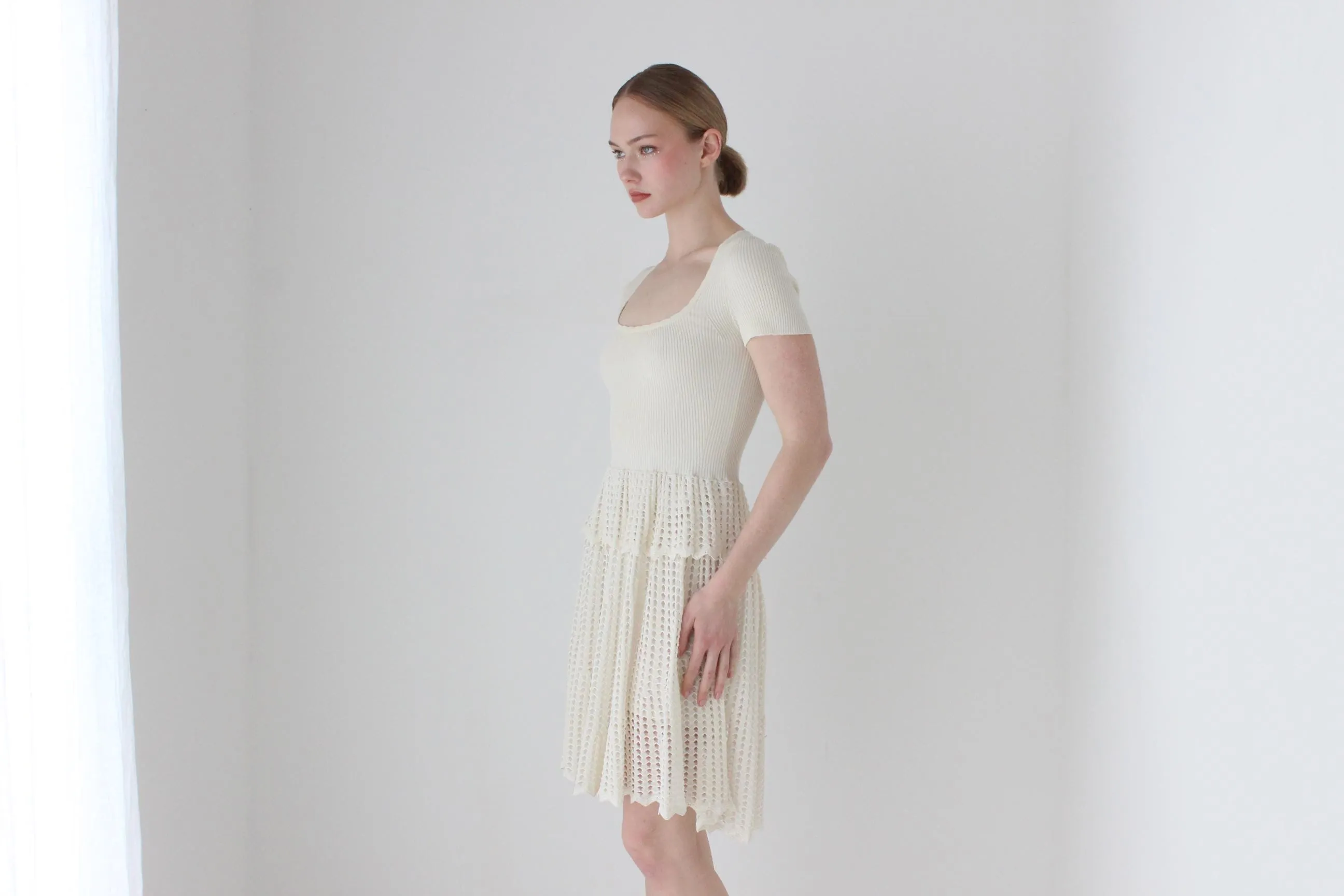 2000s Alexander McQueen Cream Knit Fitted Ruffle Bridal Mini