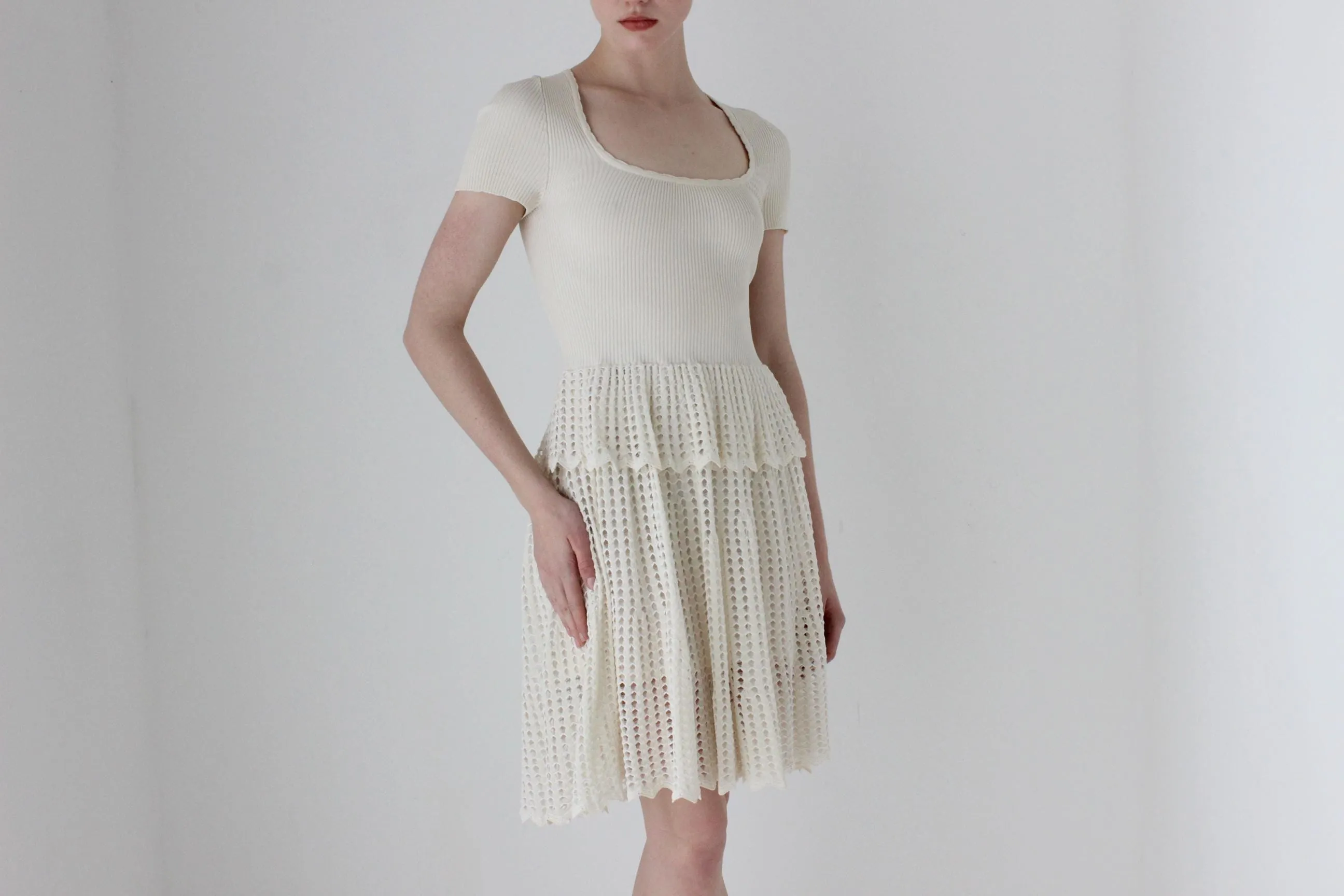 2000s Alexander McQueen Cream Knit Fitted Ruffle Bridal Mini