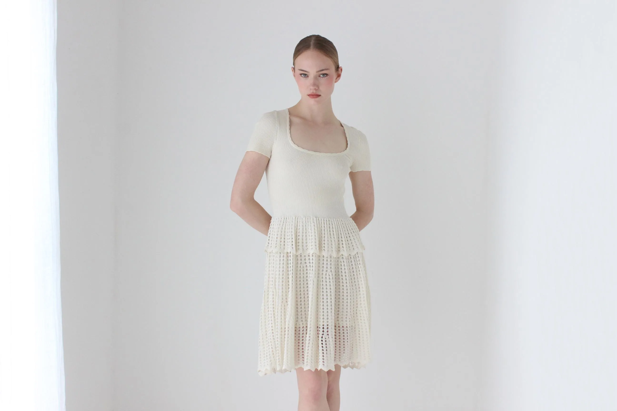 2000s Alexander McQueen Cream Knit Fitted Ruffle Bridal Mini