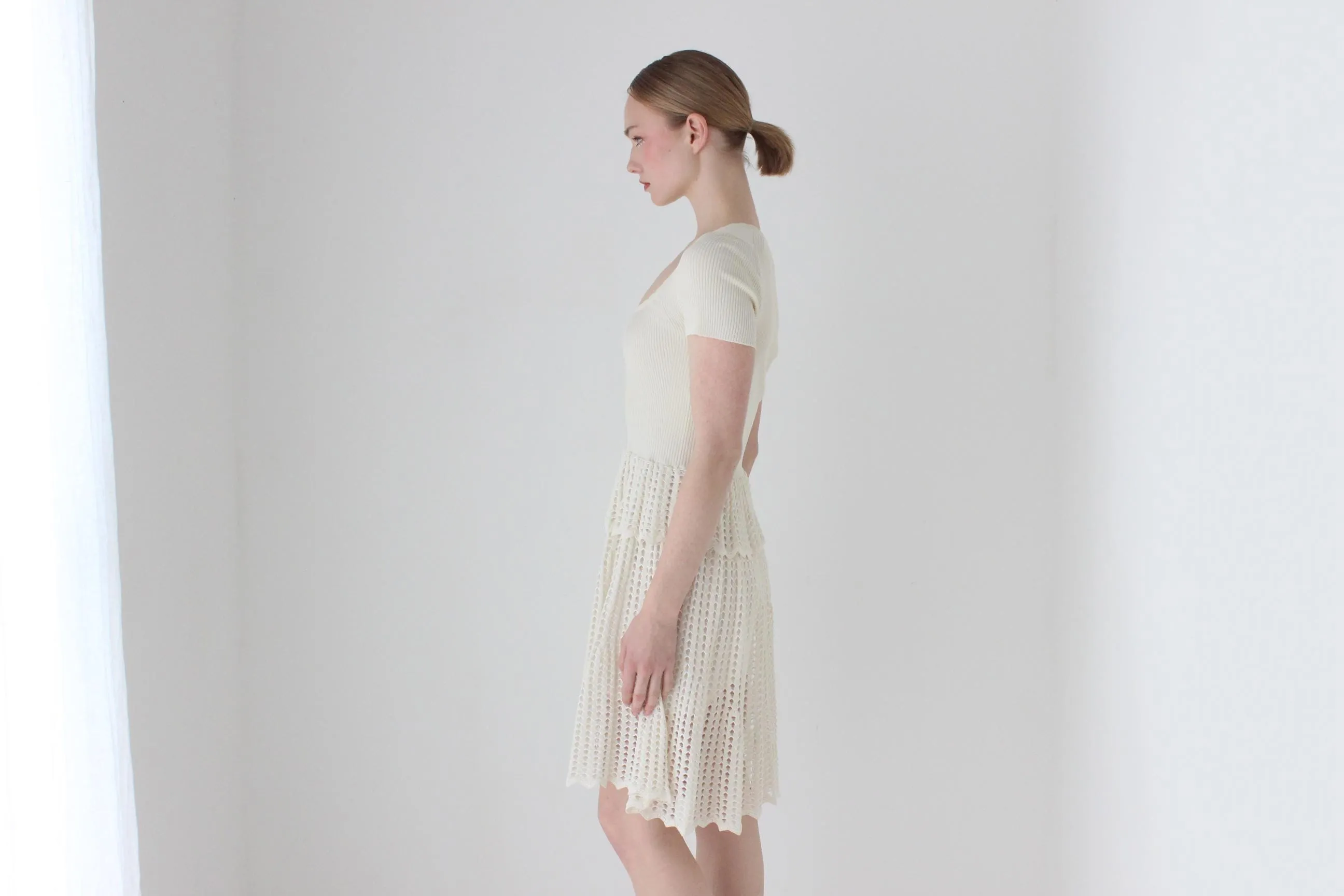 2000s Alexander McQueen Cream Knit Fitted Ruffle Bridal Mini