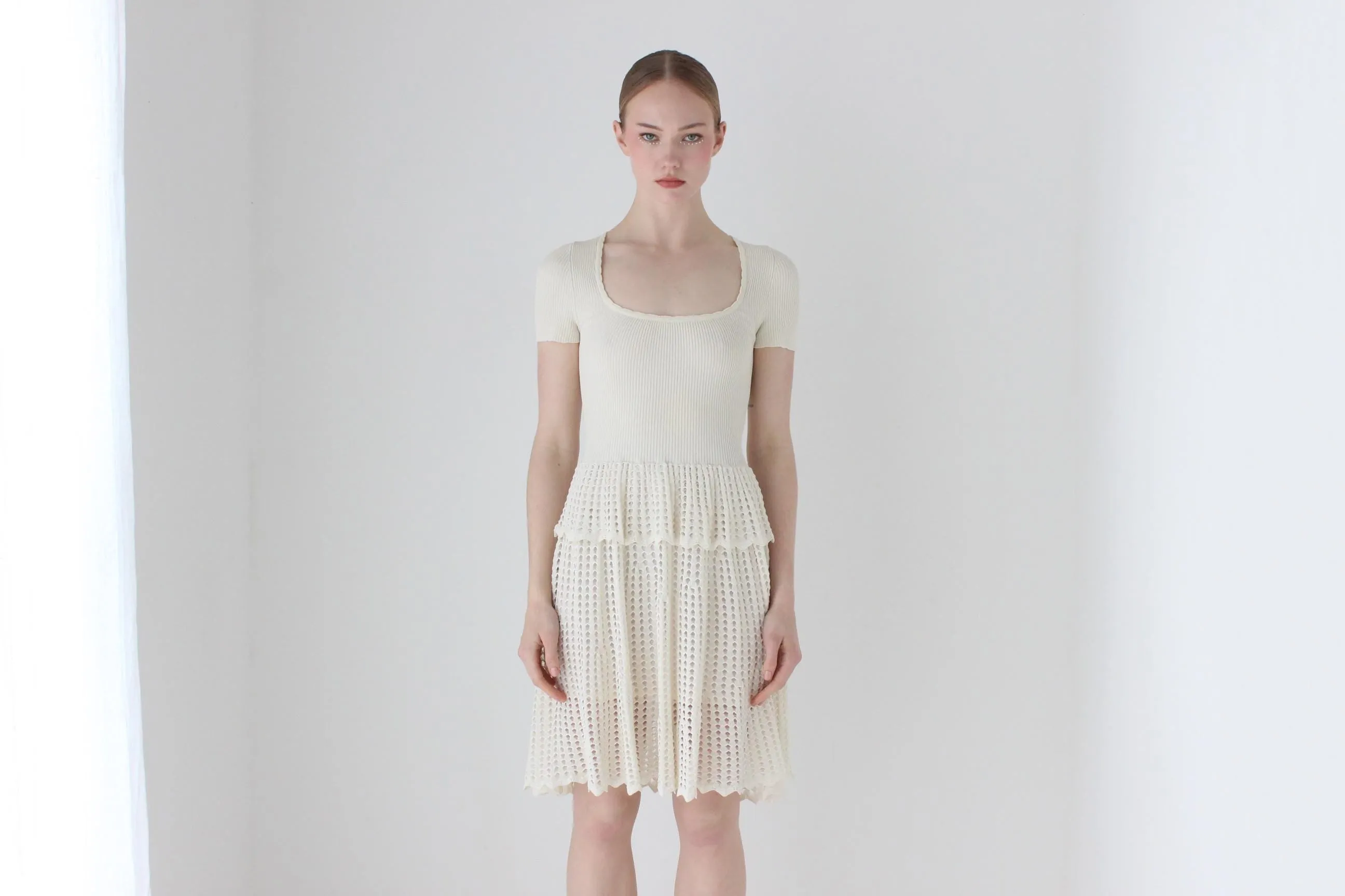 2000s Alexander McQueen Cream Knit Fitted Ruffle Bridal Mini