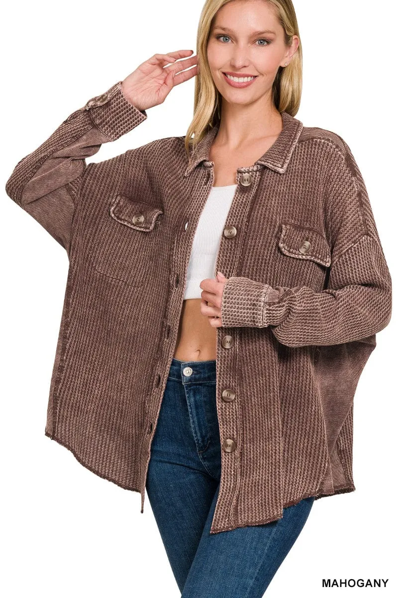 ACID WASH OVERSIZED COTTON WAFFLE SHACKET
