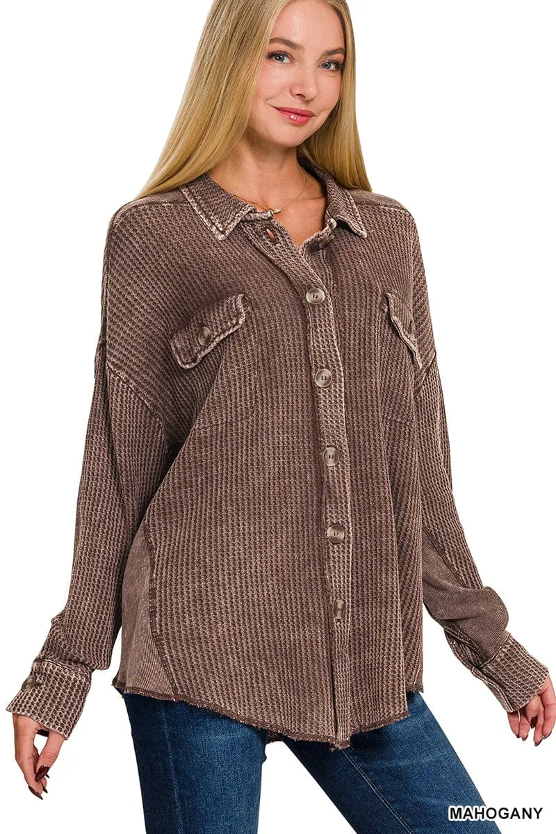 ACID WASH OVERSIZED COTTON WAFFLE SHACKET