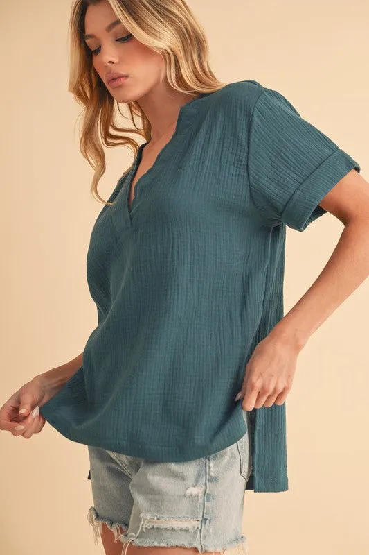 Aemi   Co Side Slit V-Neck Short Sleeve Blouse