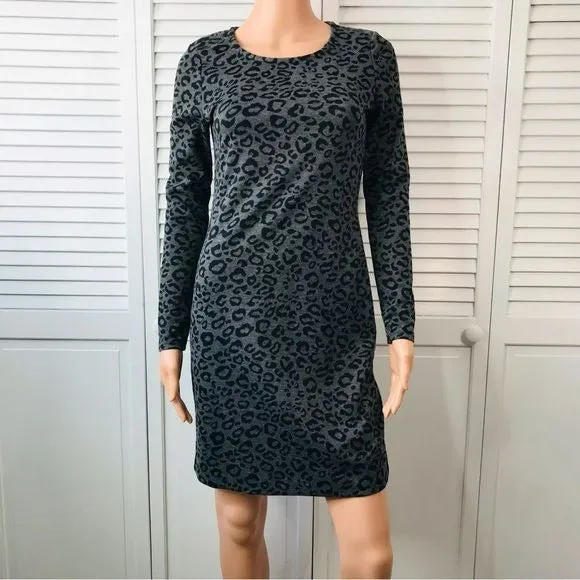 BANANA REPUBLIC Gray Black Cheetah Print Long Sleeve Sweater Dress Size 2
