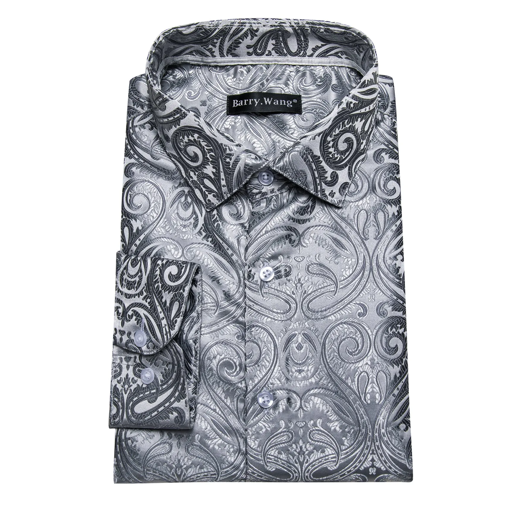 Barry Wang Grey Shirt Silver Paisley Mens Silk Long Sleeve Dress Shirt