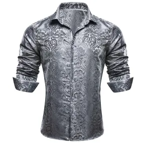 Barry Wang Grey Shirt Silver Paisley Mens Silk Long Sleeve Dress Shirt