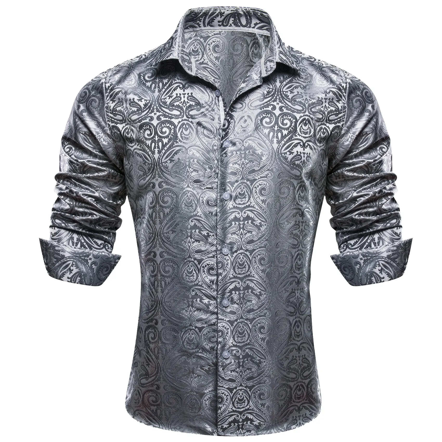 Barry Wang Grey Shirt Silver Paisley Mens Silk Long Sleeve Dress Shirt