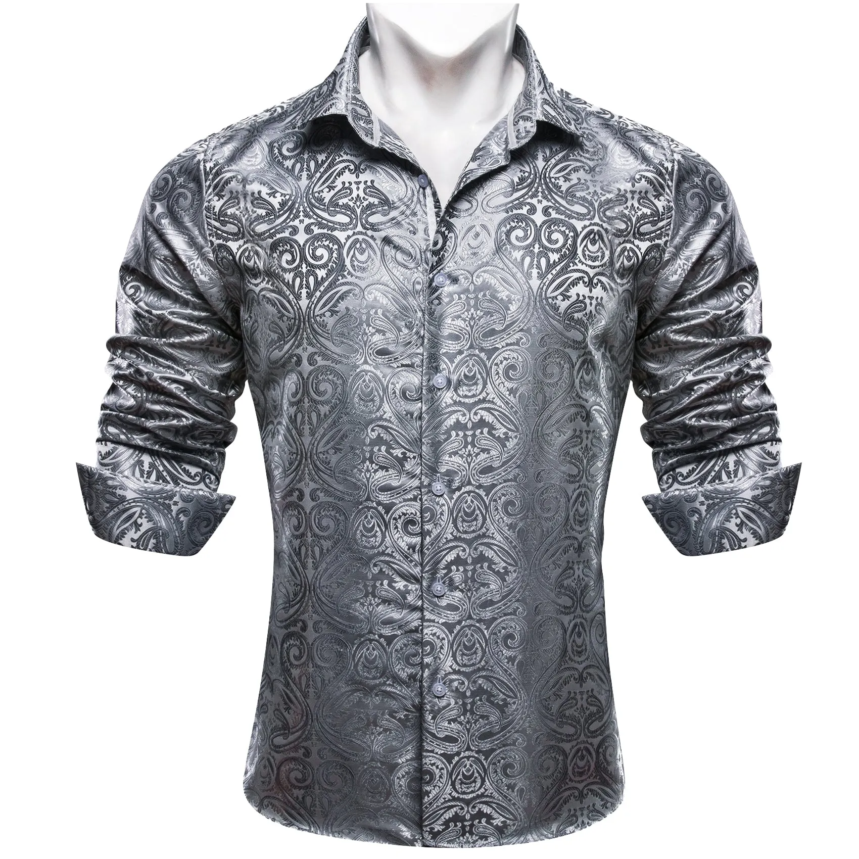 Barry Wang Grey Shirt Silver Paisley Mens Silk Long Sleeve Dress Shirt