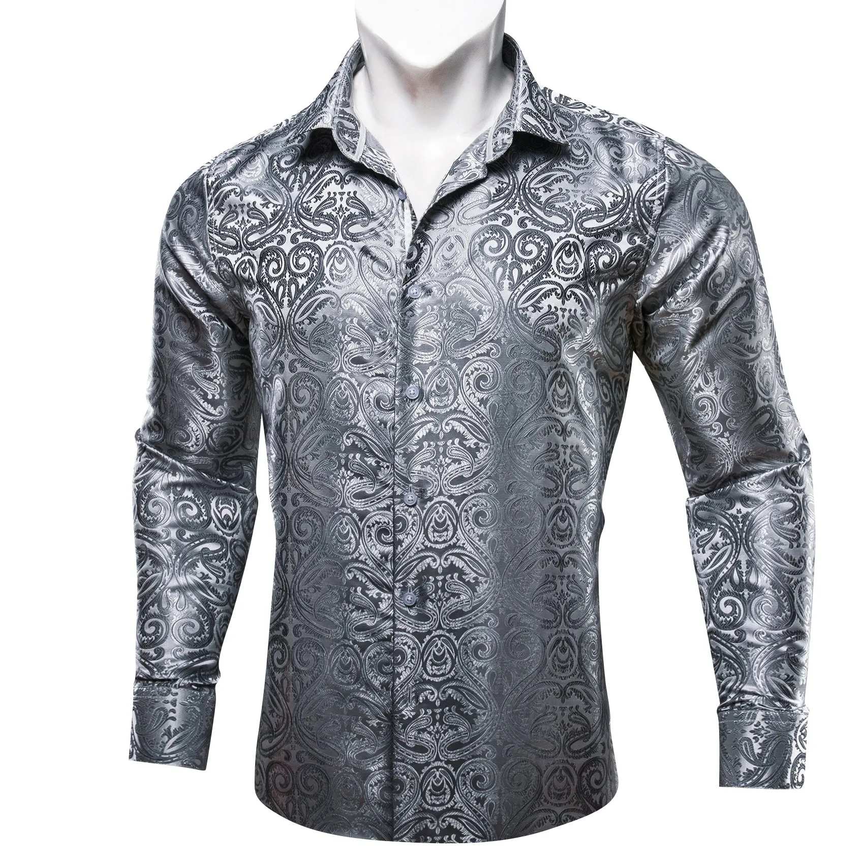 Barry Wang Grey Shirt Silver Paisley Mens Silk Long Sleeve Dress Shirt