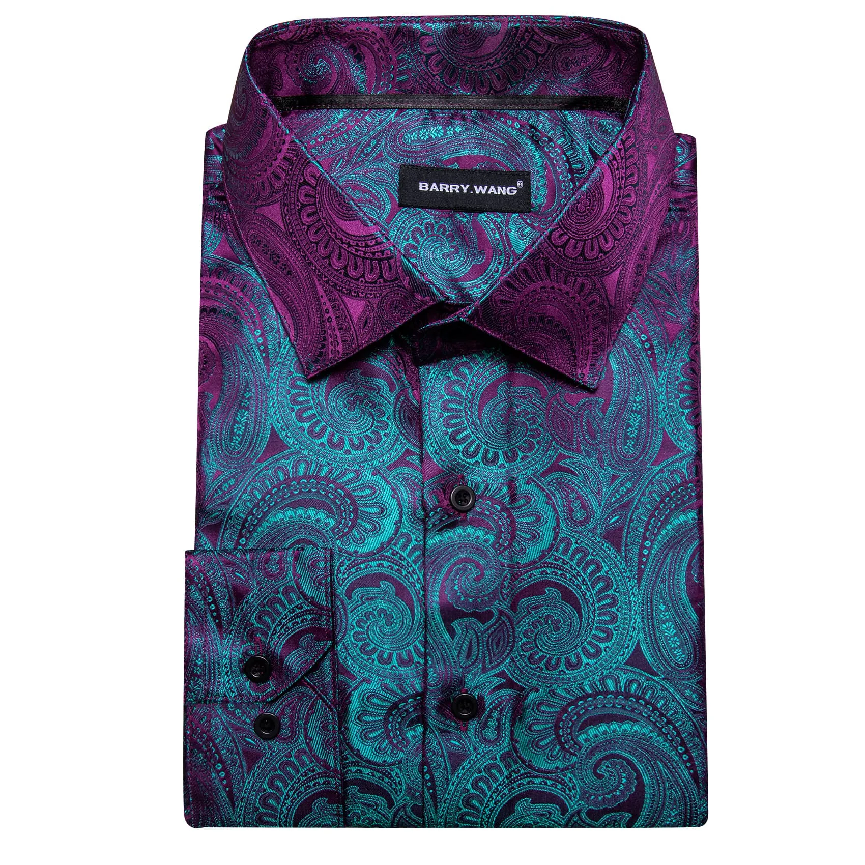 Barry Wang Men's Button Up Shirt Purple Teal Blue  Paisley Dress Shirt