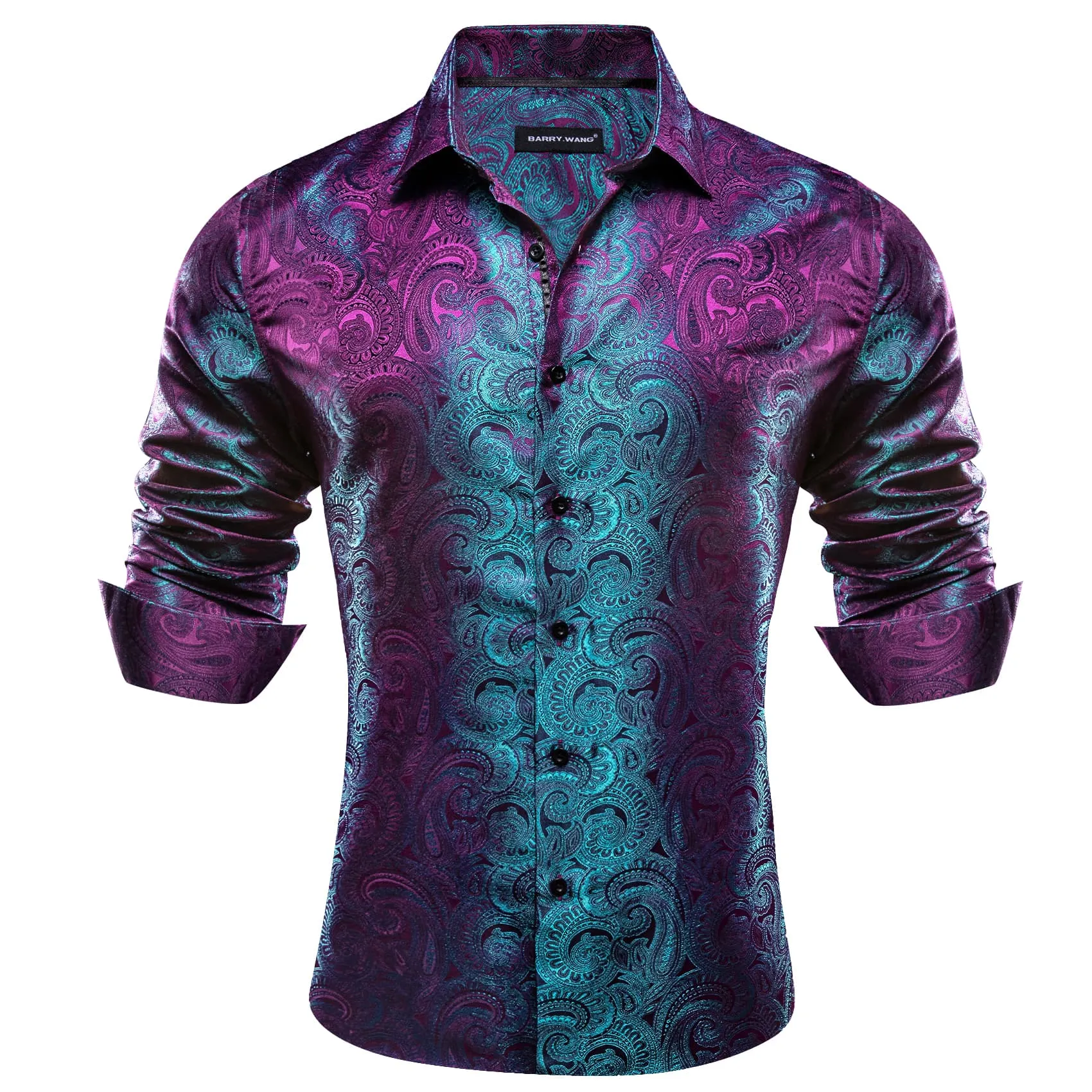 Barry Wang Men's Button Up Shirt Purple Teal Blue  Paisley Dress Shirt