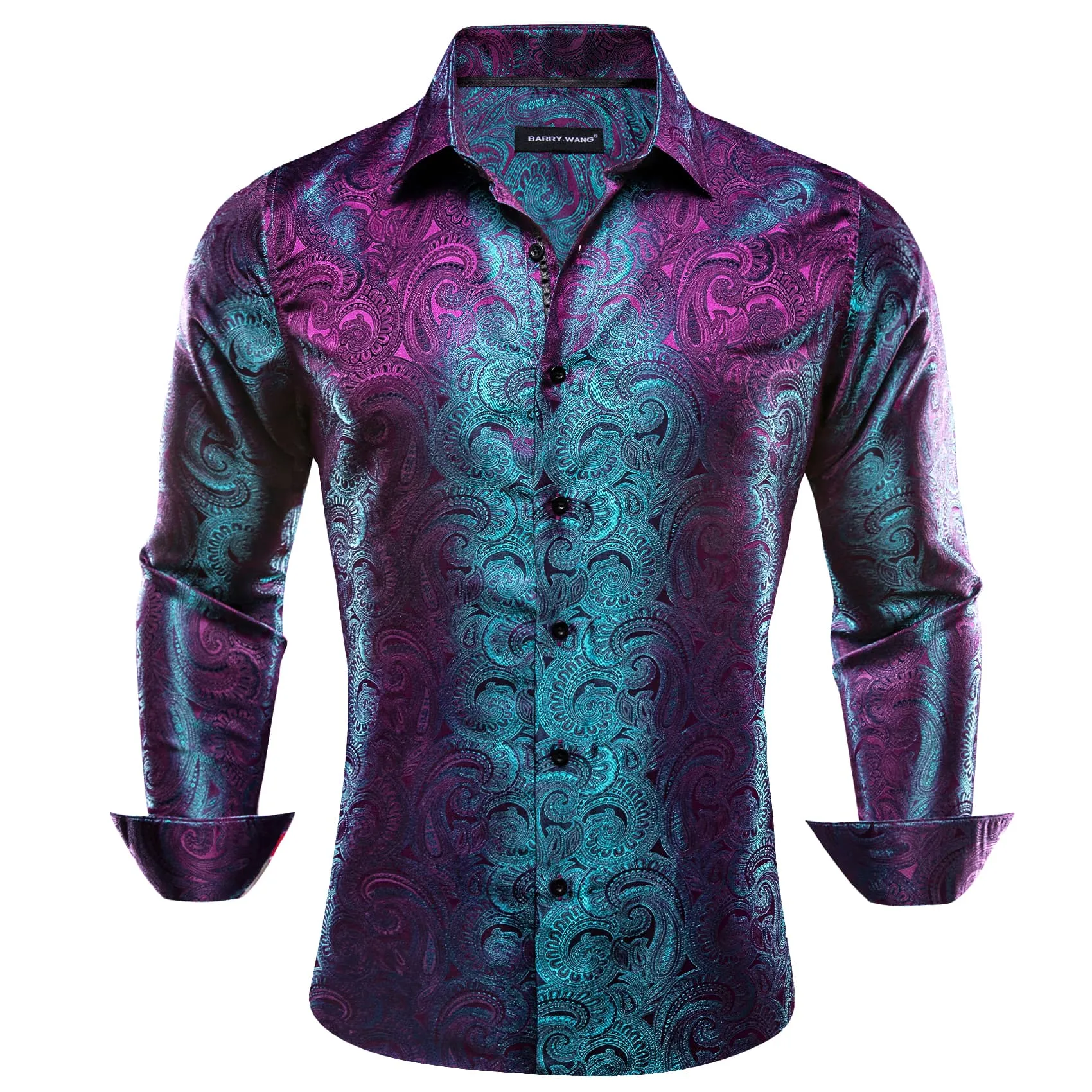 Barry Wang Men's Button Up Shirt Purple Teal Blue  Paisley Dress Shirt