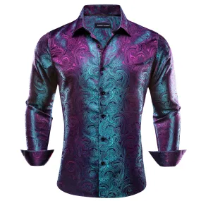 Barry Wang Men's Button Up Shirt Purple Teal Blue  Paisley Dress Shirt