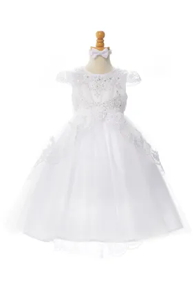 Big Girls White Sequin Beaded Lace Cap Sleeves Satin Communion Dress 7-20