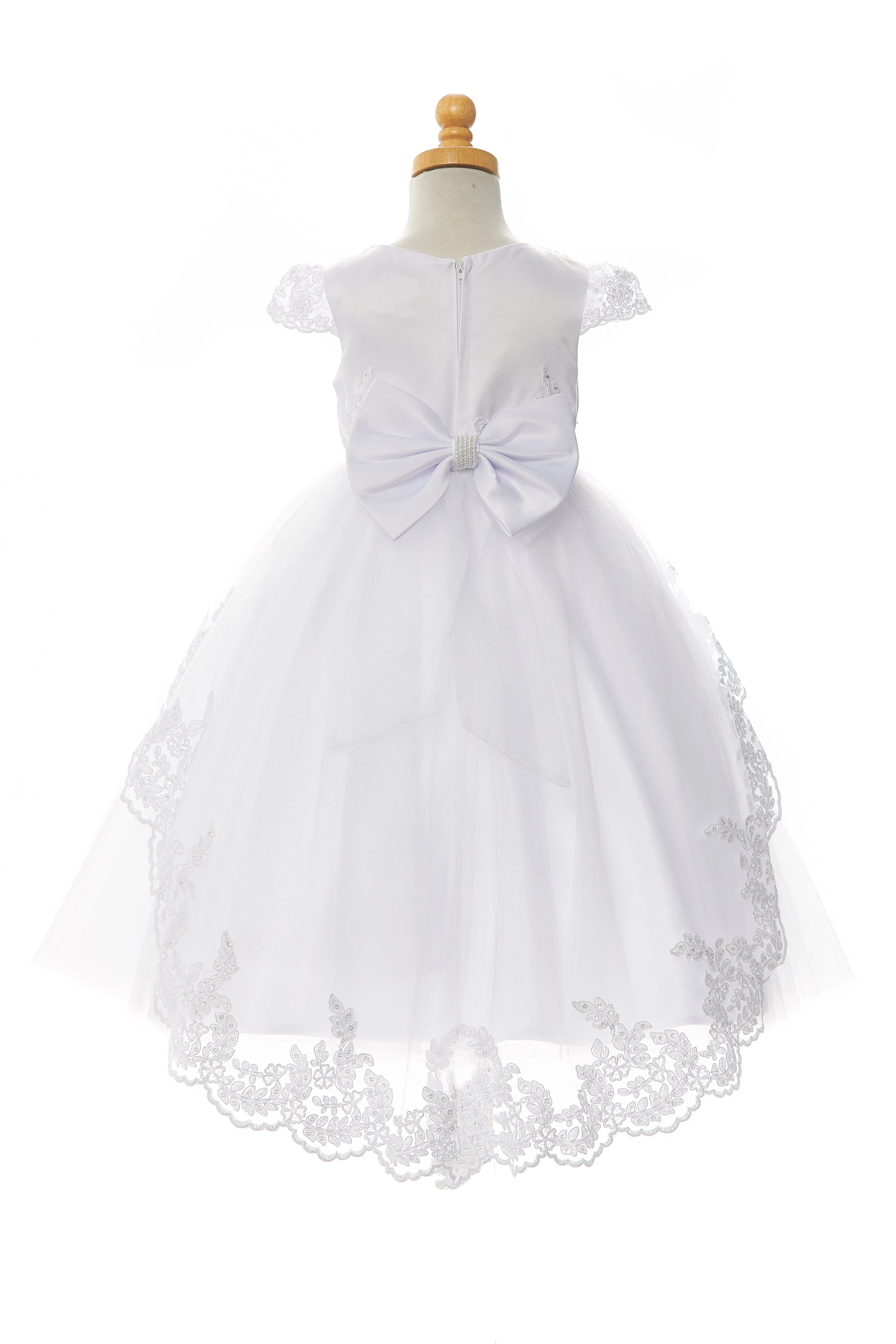 Big Girls White Sequin Beaded Lace Cap Sleeves Satin Communion Dress 7-20