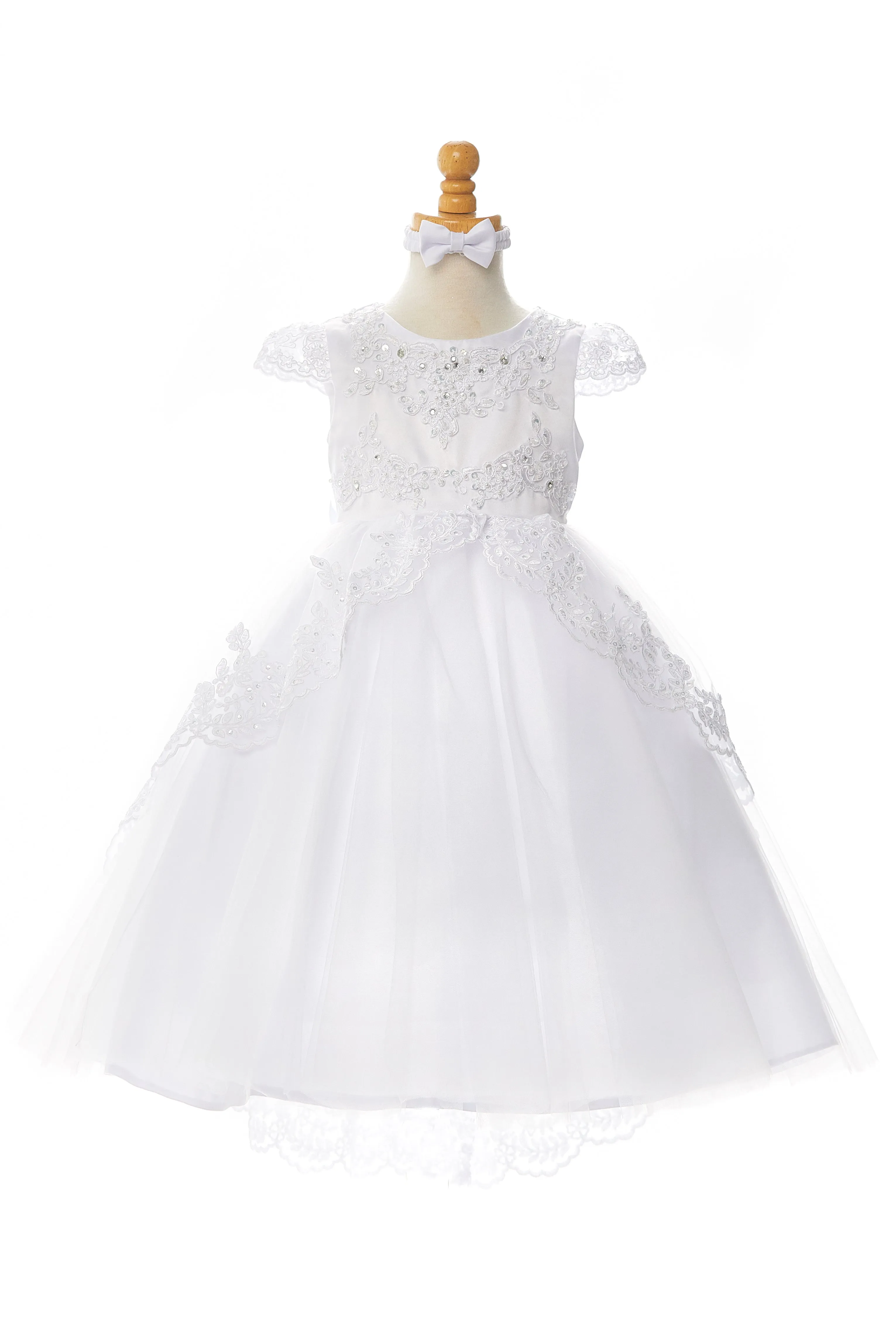 Big Girls White Sequin Beaded Lace Cap Sleeves Satin Communion Dress 7-20