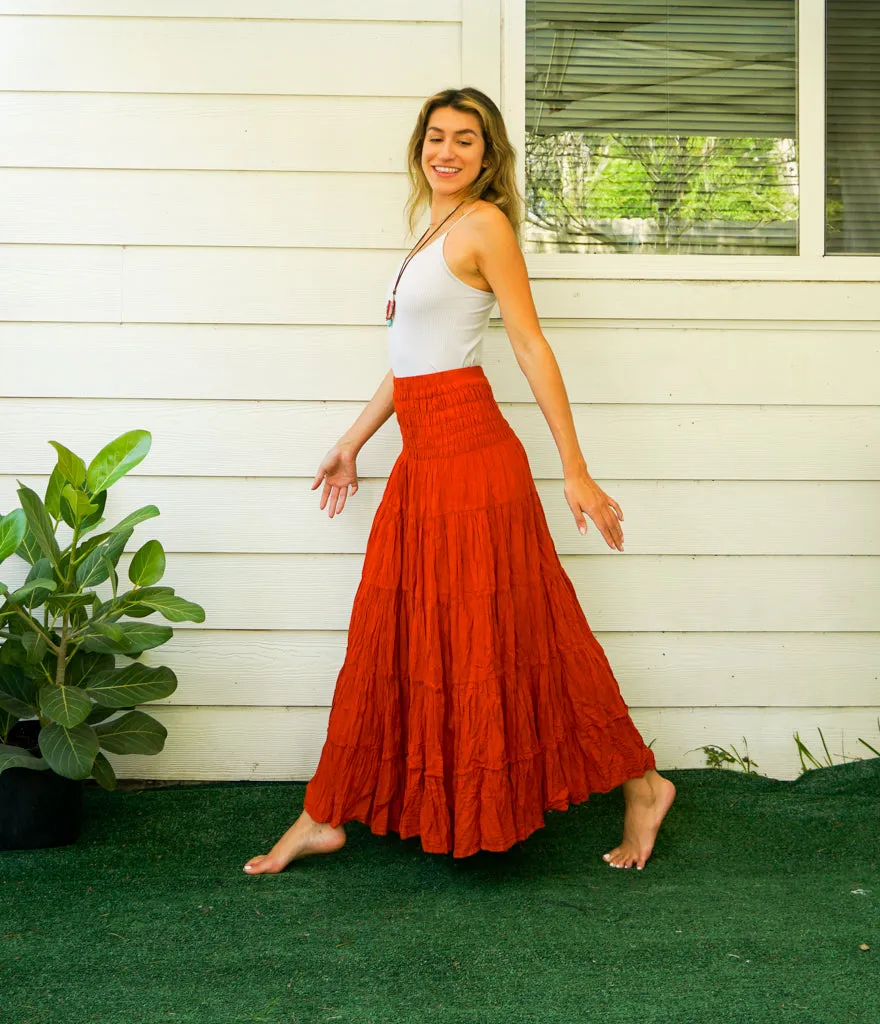 Burnt Rust Orange Raw Crinkled Organic Cotton Gauze Tiered Maxi Skirt