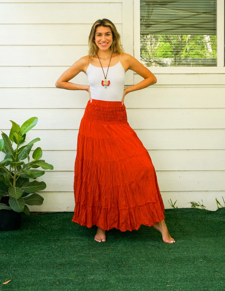 Burnt Rust Orange Raw Crinkled Organic Cotton Gauze Tiered Maxi Skirt