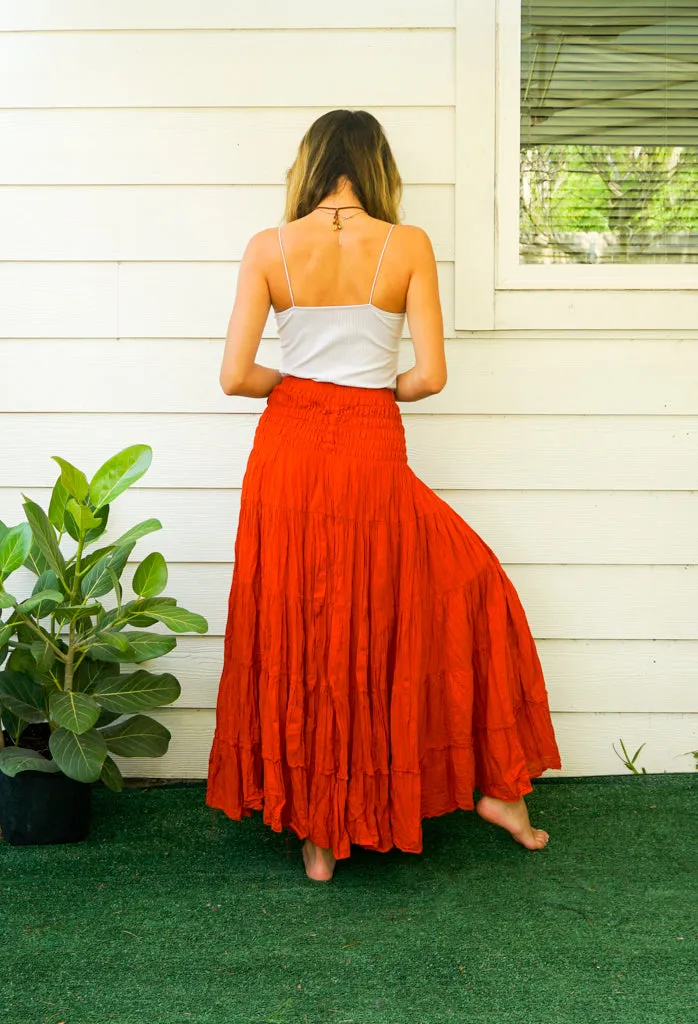 Burnt Rust Orange Raw Crinkled Organic Cotton Gauze Tiered Maxi Skirt