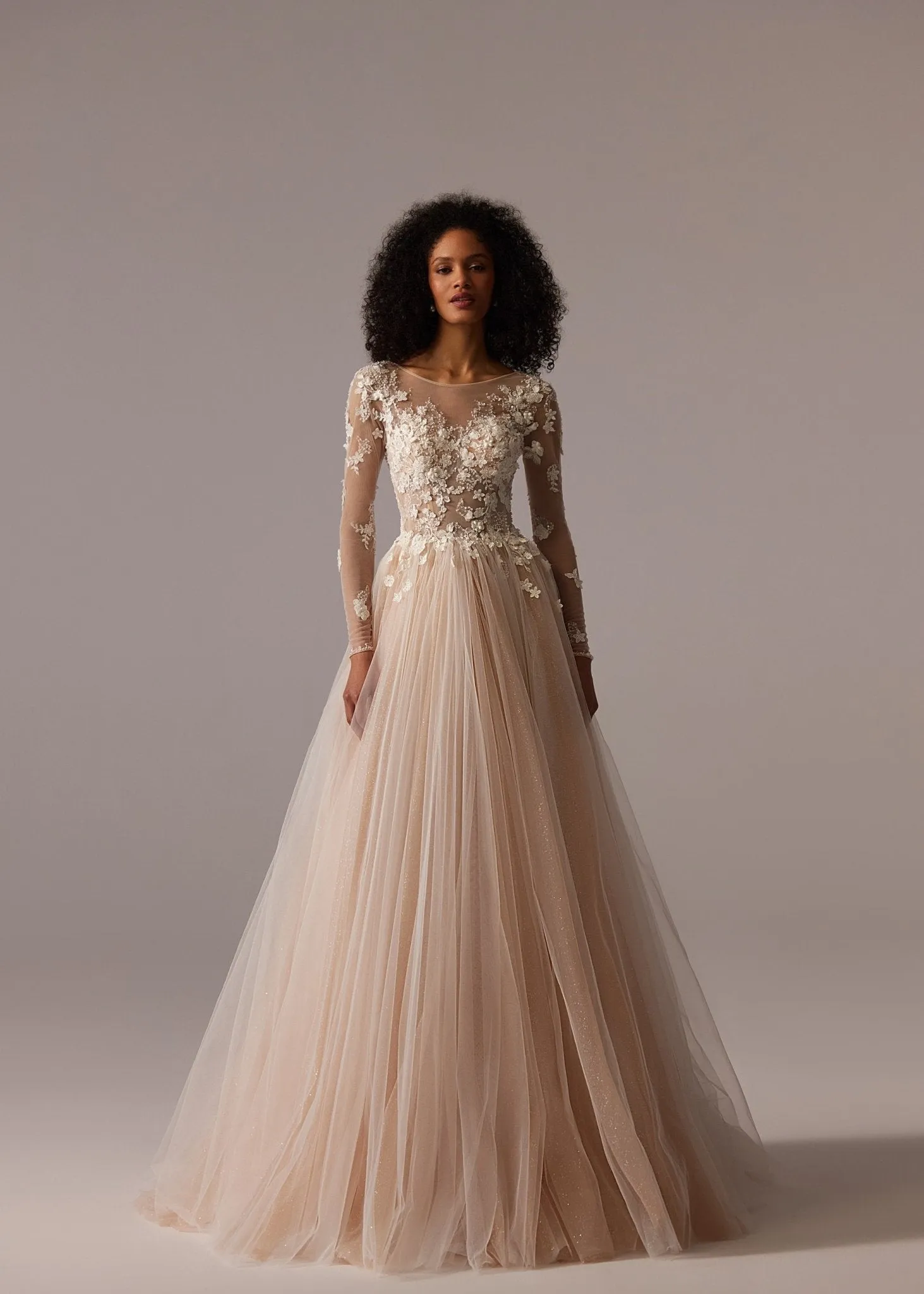 Champagne Lace Wedding Dress with Floral Appliqué and Floor-Length Tulle Skirt - Plus Size