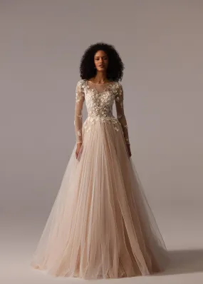 Champagne Lace Wedding Dress with Floral Appliqué and Floor-Length Tulle Skirt - Plus Size