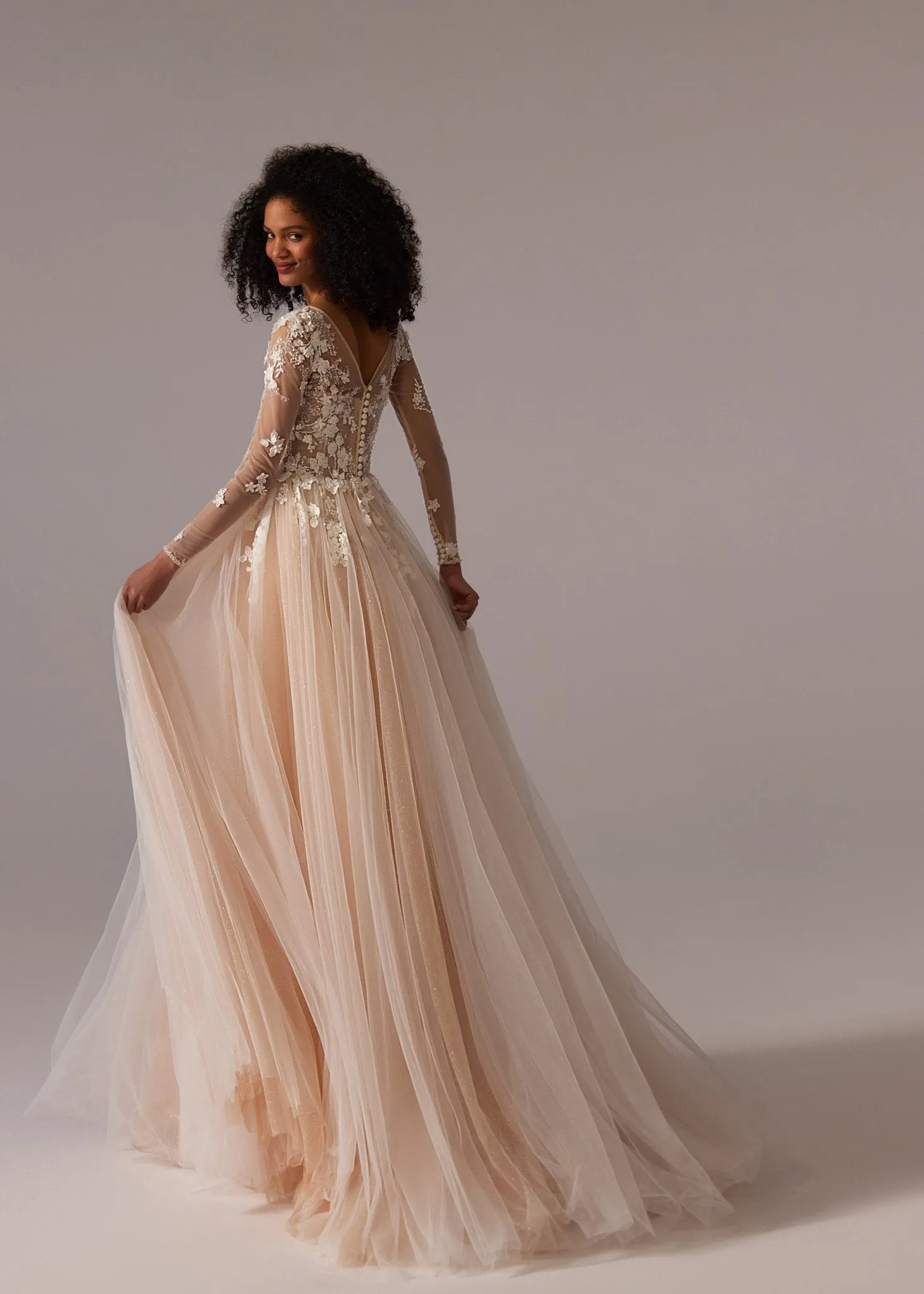 Champagne Lace Wedding Dress with Floral Appliqué and Floor-Length Tulle Skirt - Plus Size