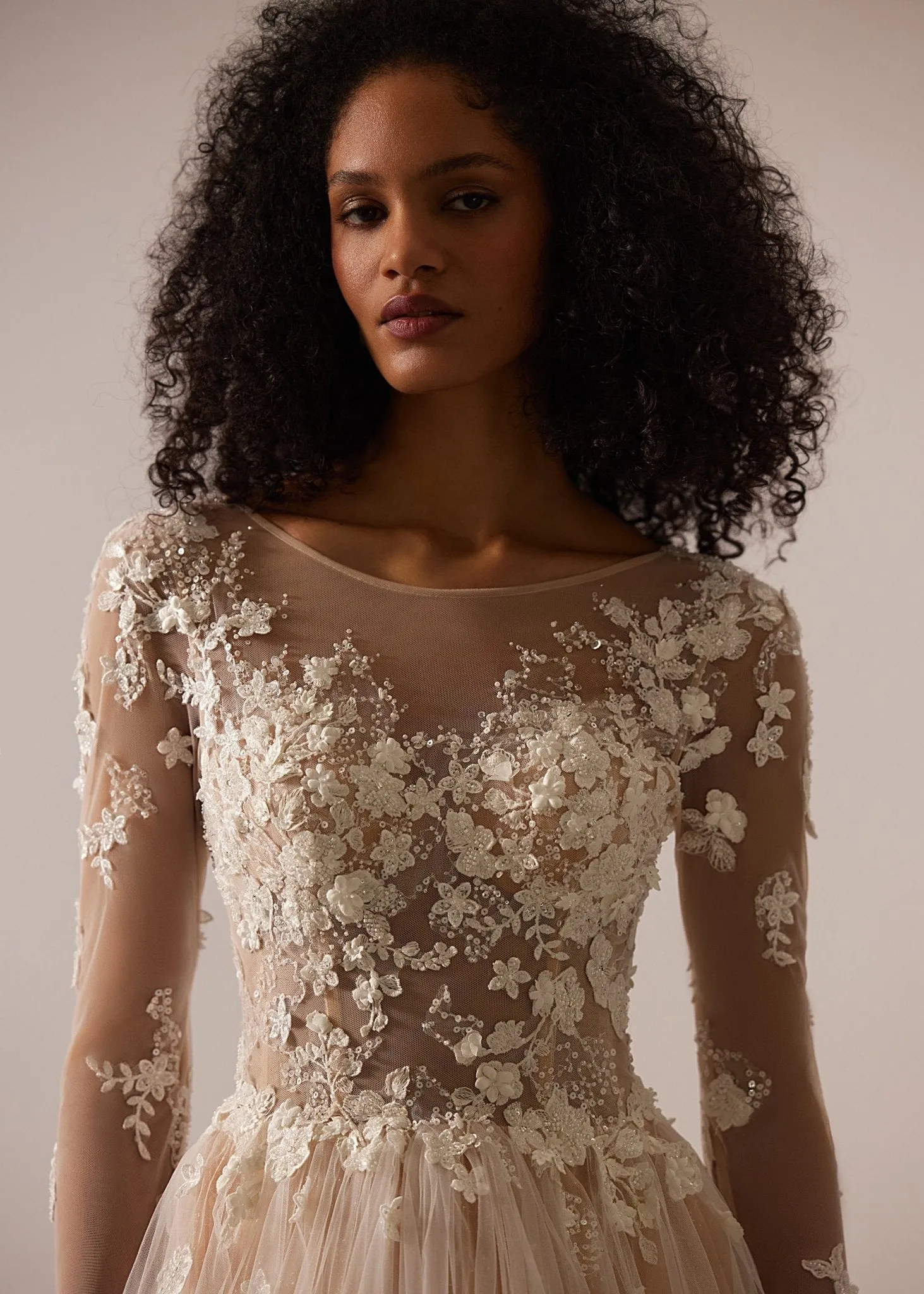 Champagne Lace Wedding Dress with Floral Appliqué and Floor-Length Tulle Skirt - Plus Size