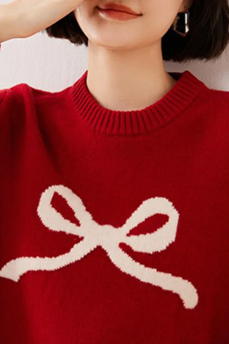 Chunky Australian Wool Crewneck Bow Sweater