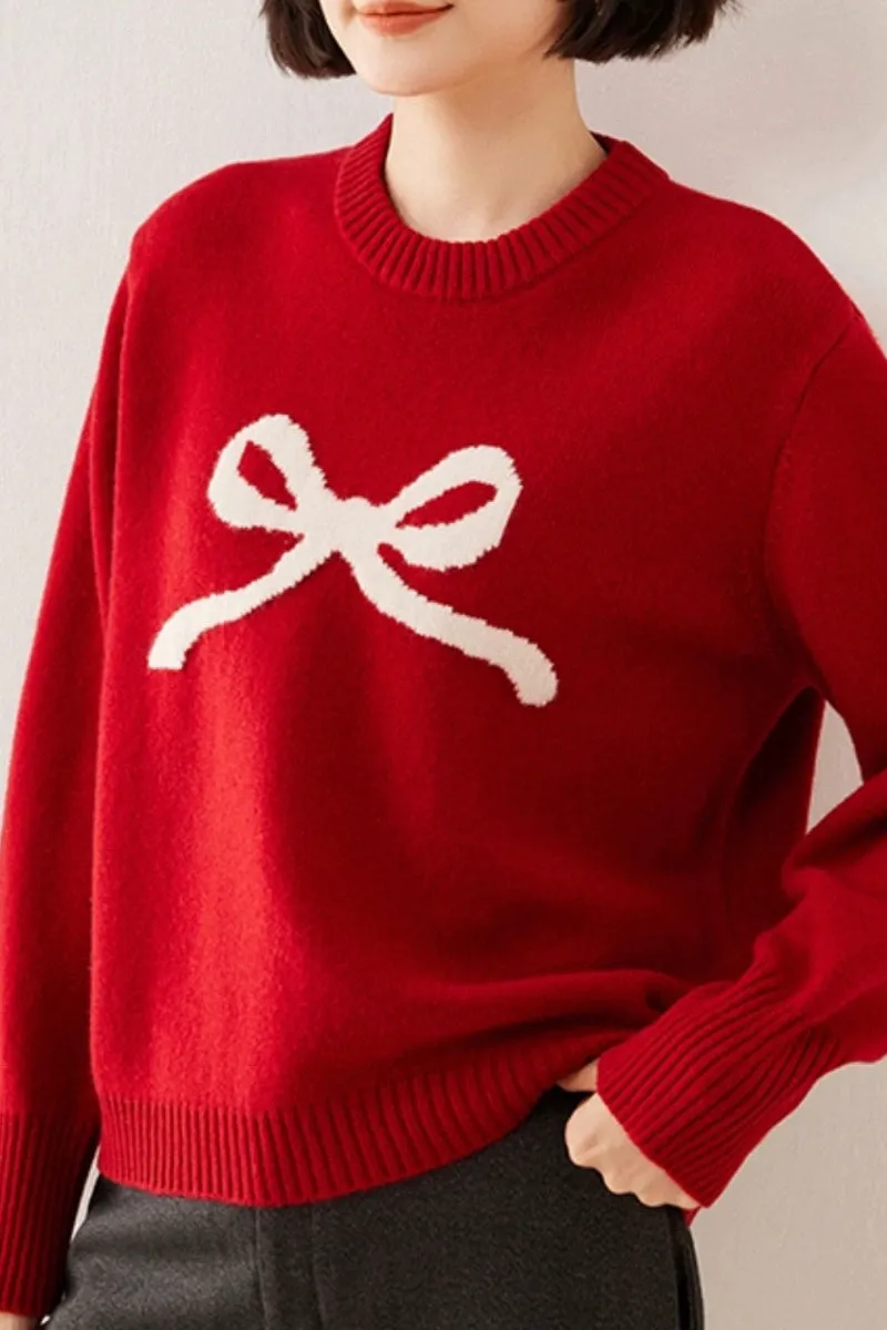 Chunky Australian Wool Crewneck Bow Sweater