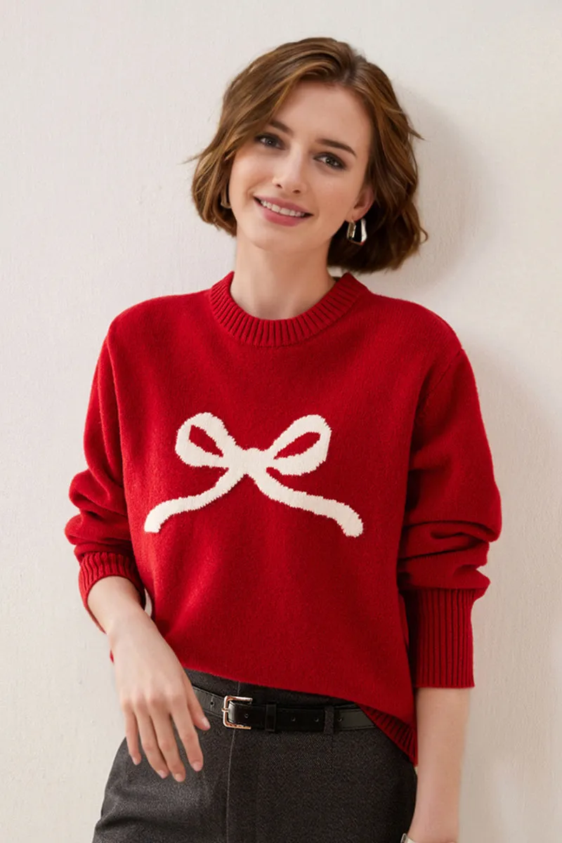 Chunky Australian Wool Crewneck Bow Sweater