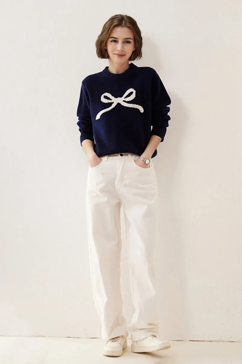 Chunky Australian Wool Crewneck Bow Sweater