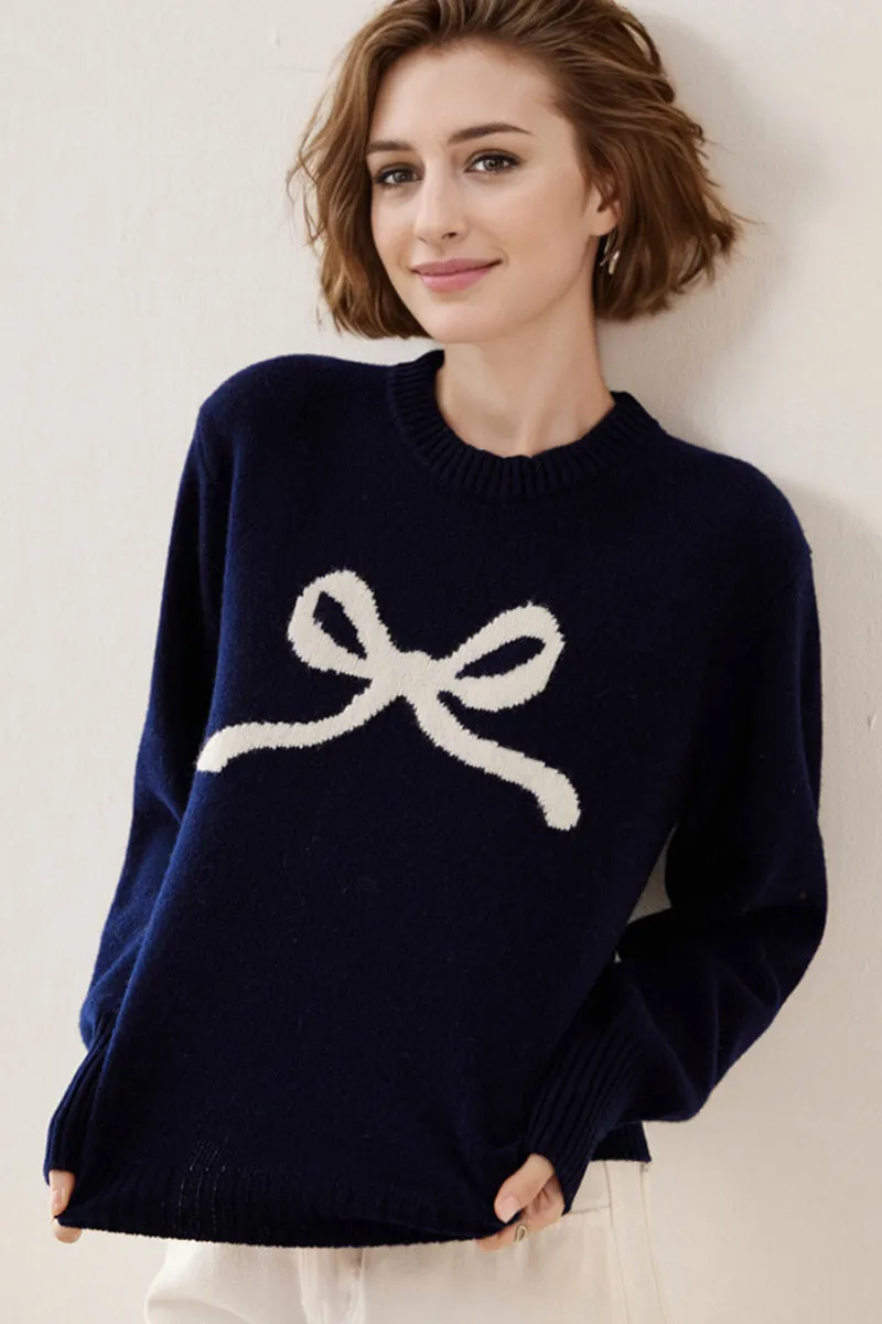 Chunky Australian Wool Crewneck Bow Sweater