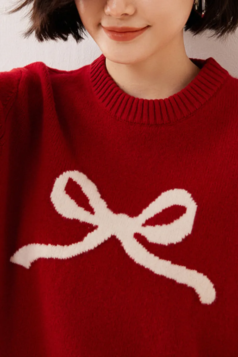 Chunky Australian Wool Crewneck Bow Sweater