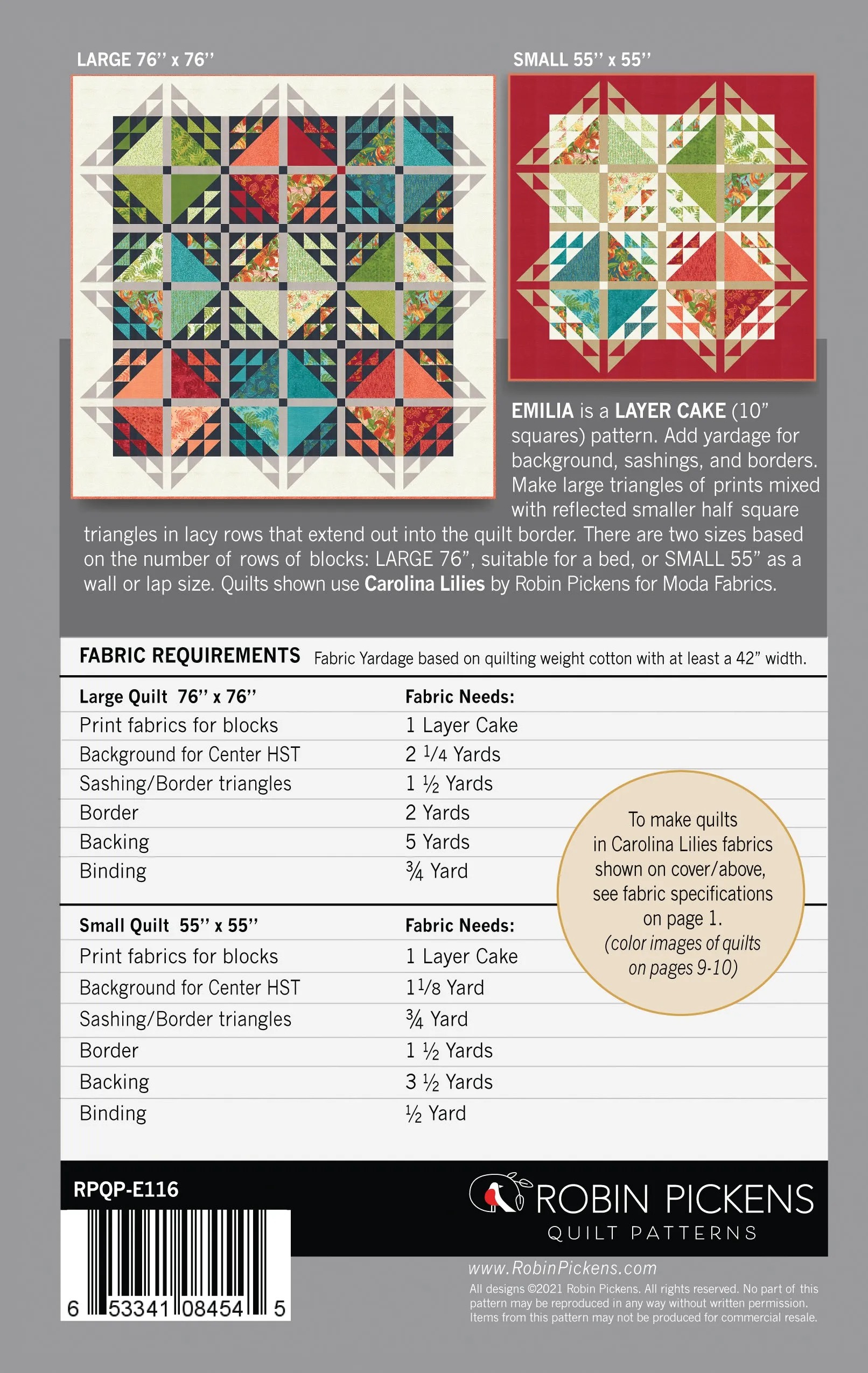 EMILIA Quilt Pattern (printed booklet) by Robin Pickens  76" or 55" square