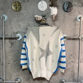 glitter star knit top unique long sleeve silver blue