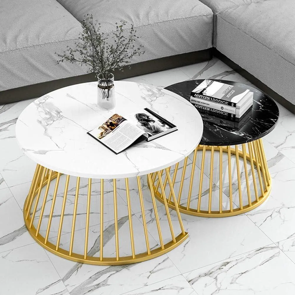 Golden Circular Iron Nesting Table| Center Table Set of 2 With Italian Nano Marble Top