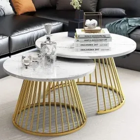 Golden Circular Iron Nesting Table| Center Table Set of 2 With Italian Nano Marble Top