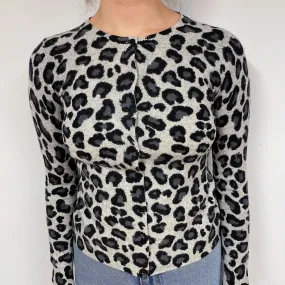 Grey Leopard Print Cashmere Crew Neck Cardigan Small