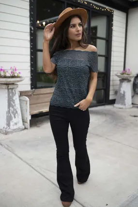 Haelyn Lace Scalloped Off Shoulder Top - Dark Teal