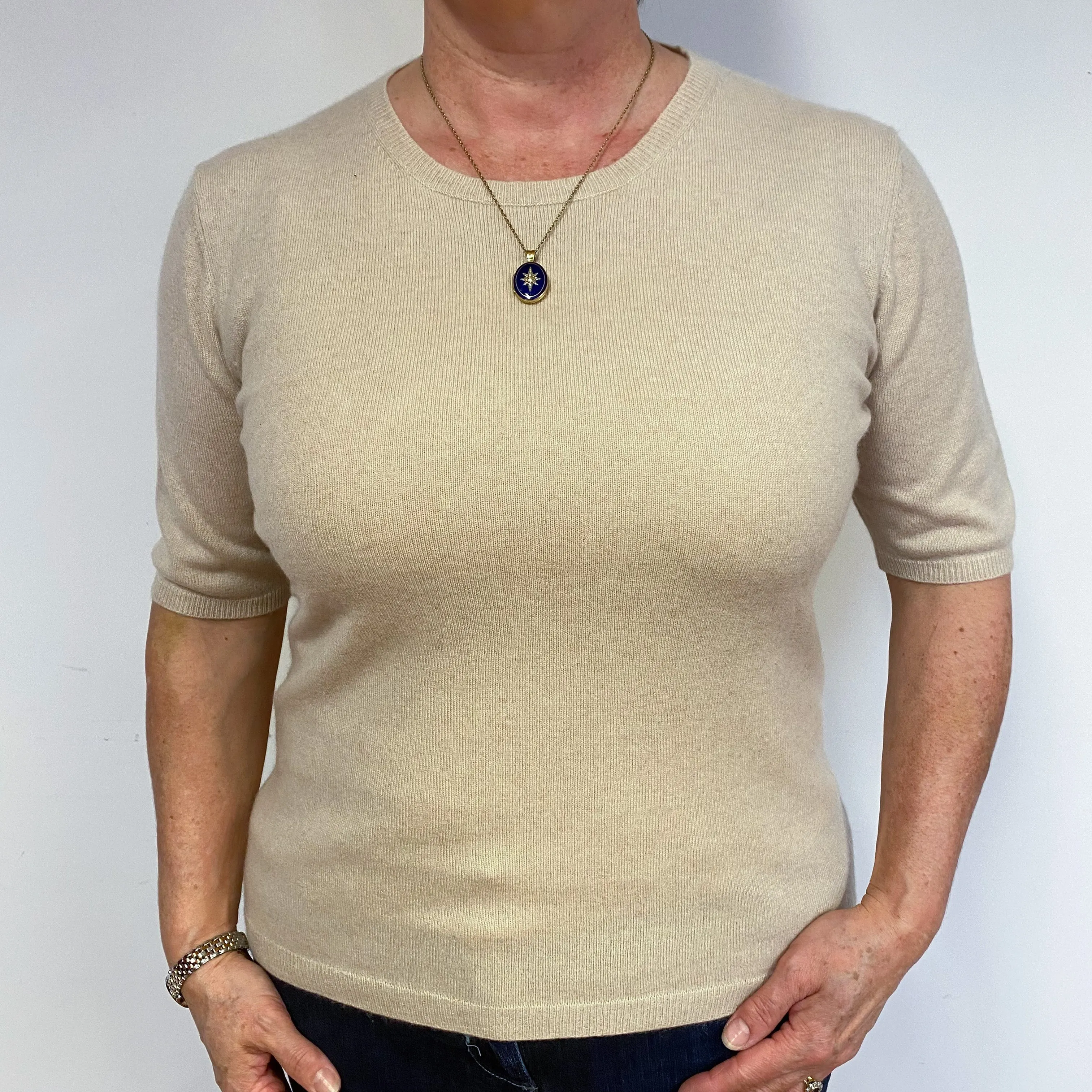 Honey Beige Cashmere Short Sleeved Jumper Large