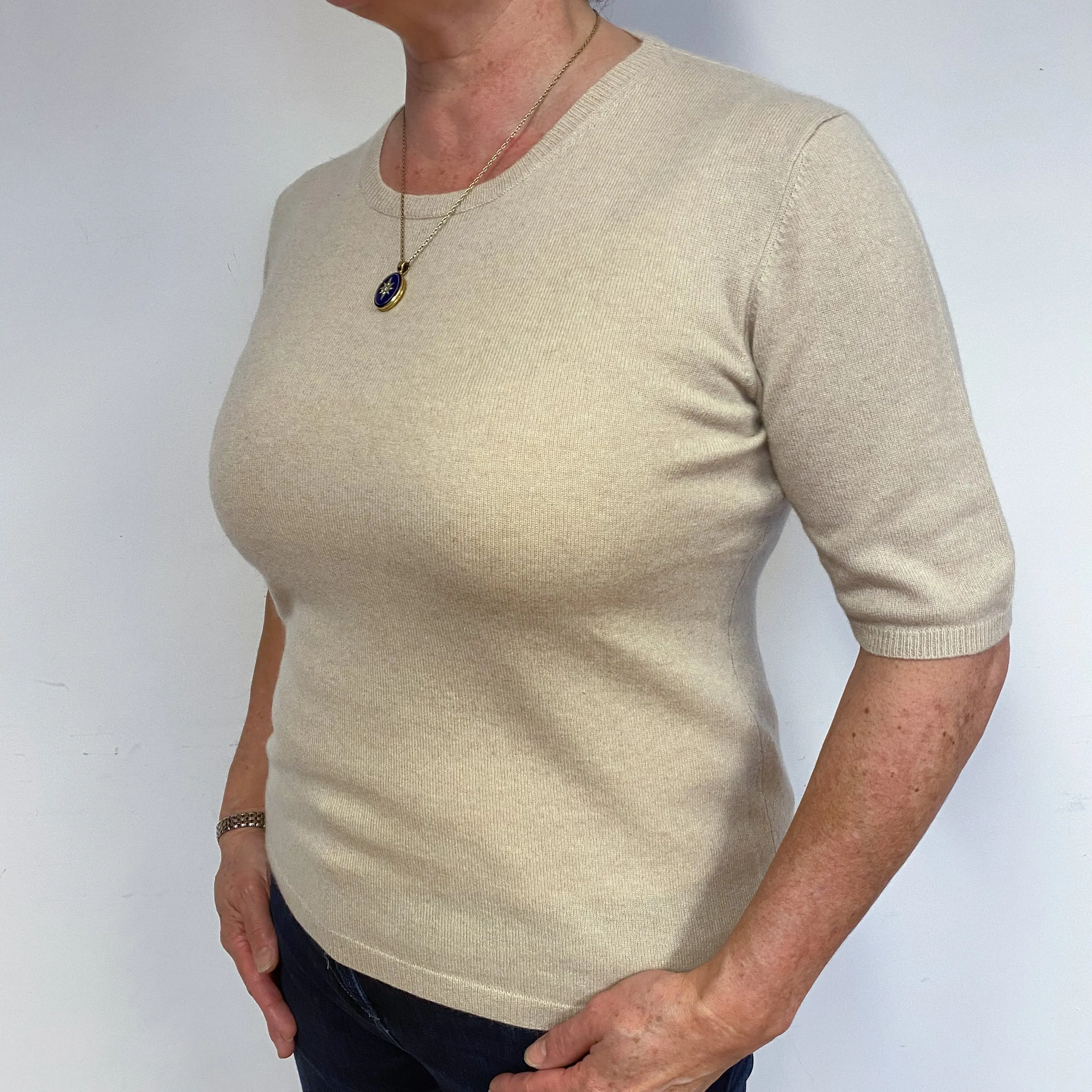 Honey Beige Cashmere Short Sleeved Jumper Large