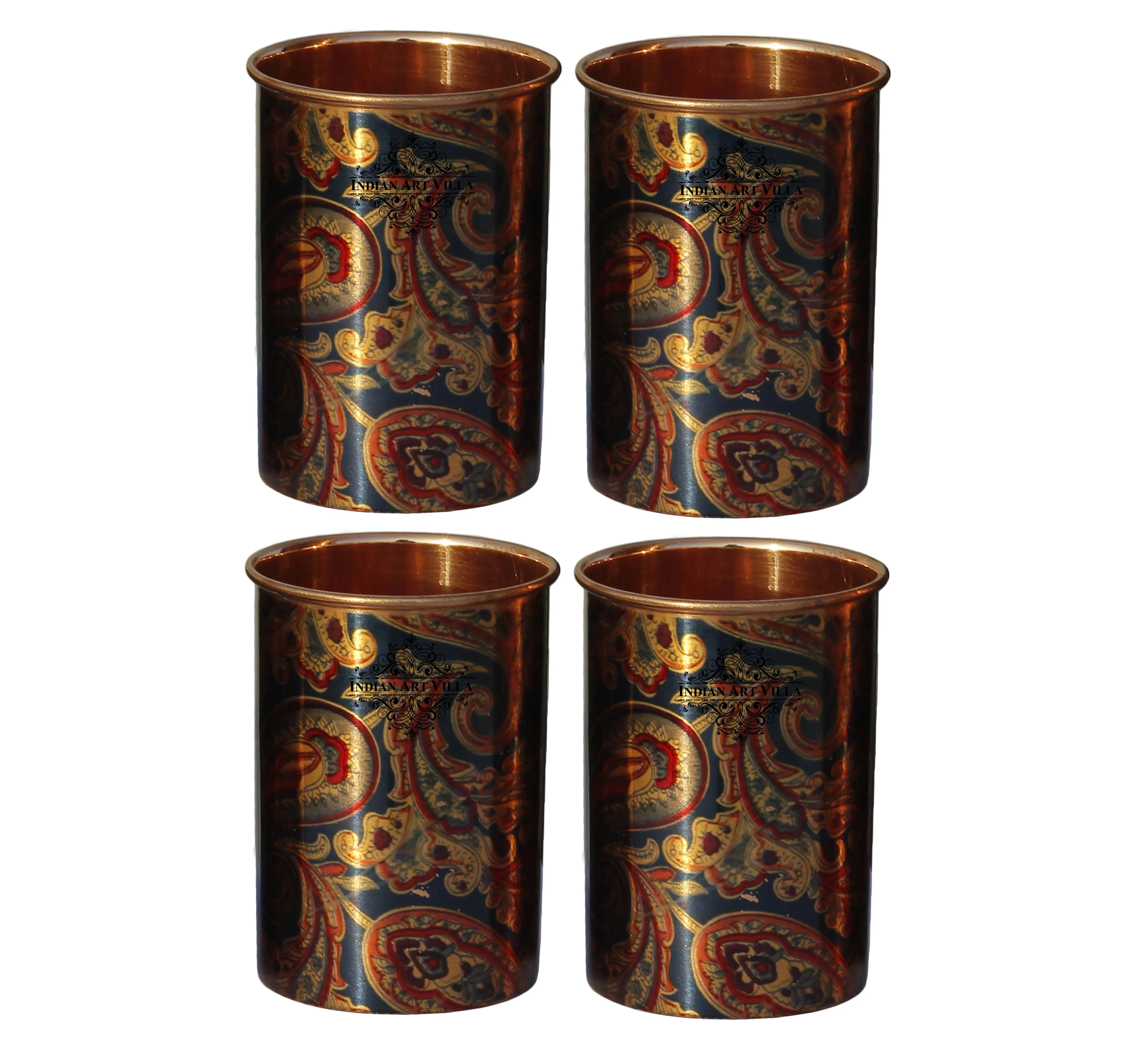 Indian Art Villa Pure Copper Glass Tumbler Printed Designer Drinkware Serveware