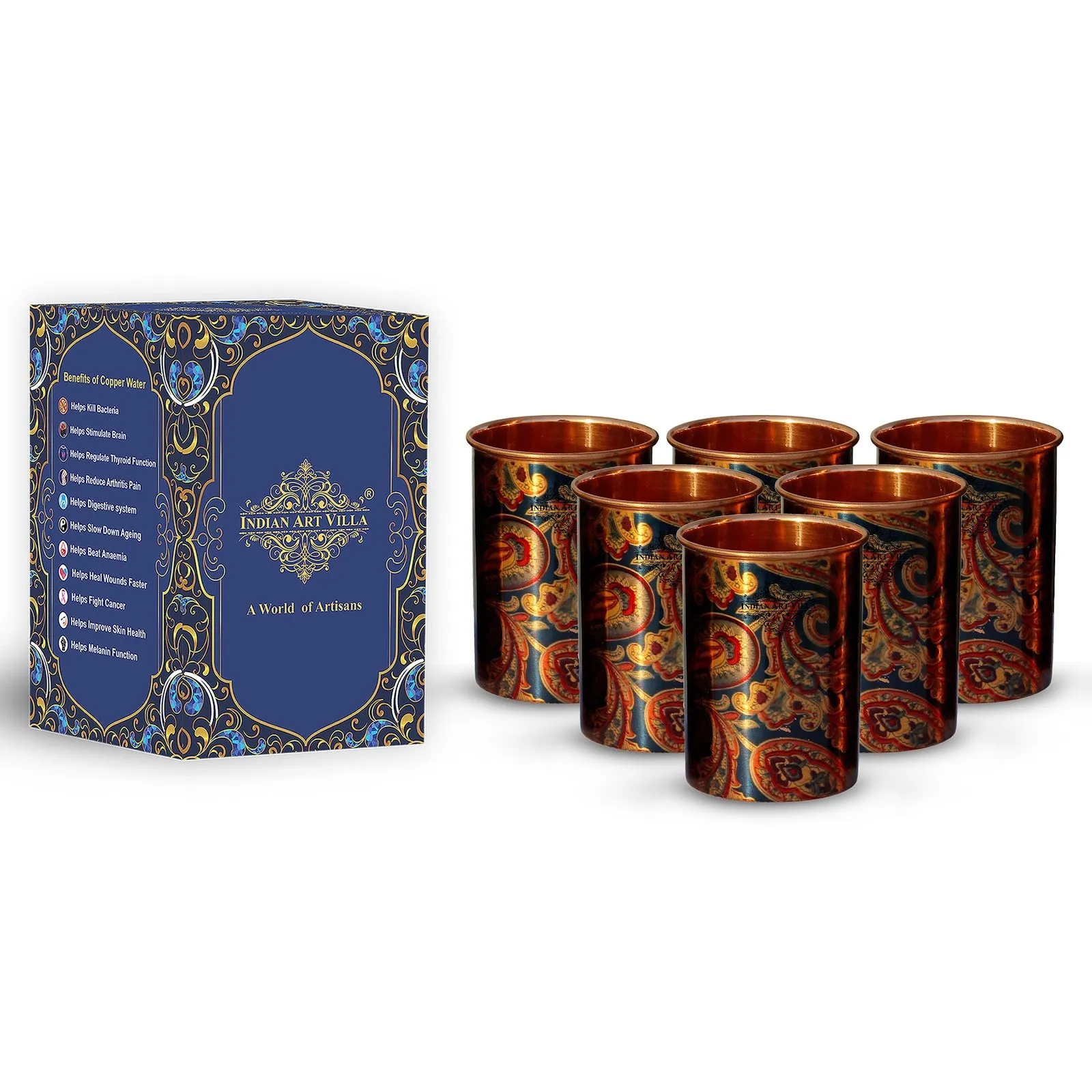 Indian Art Villa Pure Copper Glass Tumbler Printed Designer Drinkware Serveware