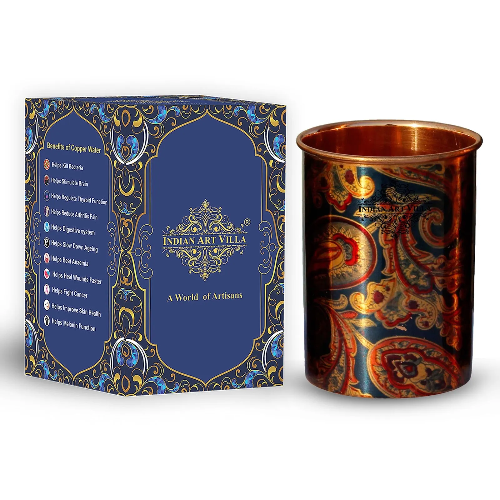 Indian Art Villa Pure Copper Glass Tumbler Printed Designer Drinkware Serveware