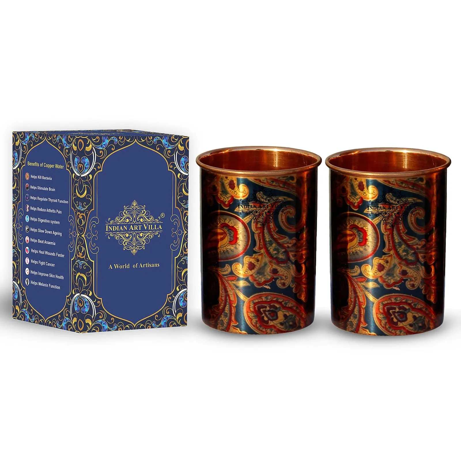 Indian Art Villa Pure Copper Glass Tumbler Printed Designer Drinkware Serveware