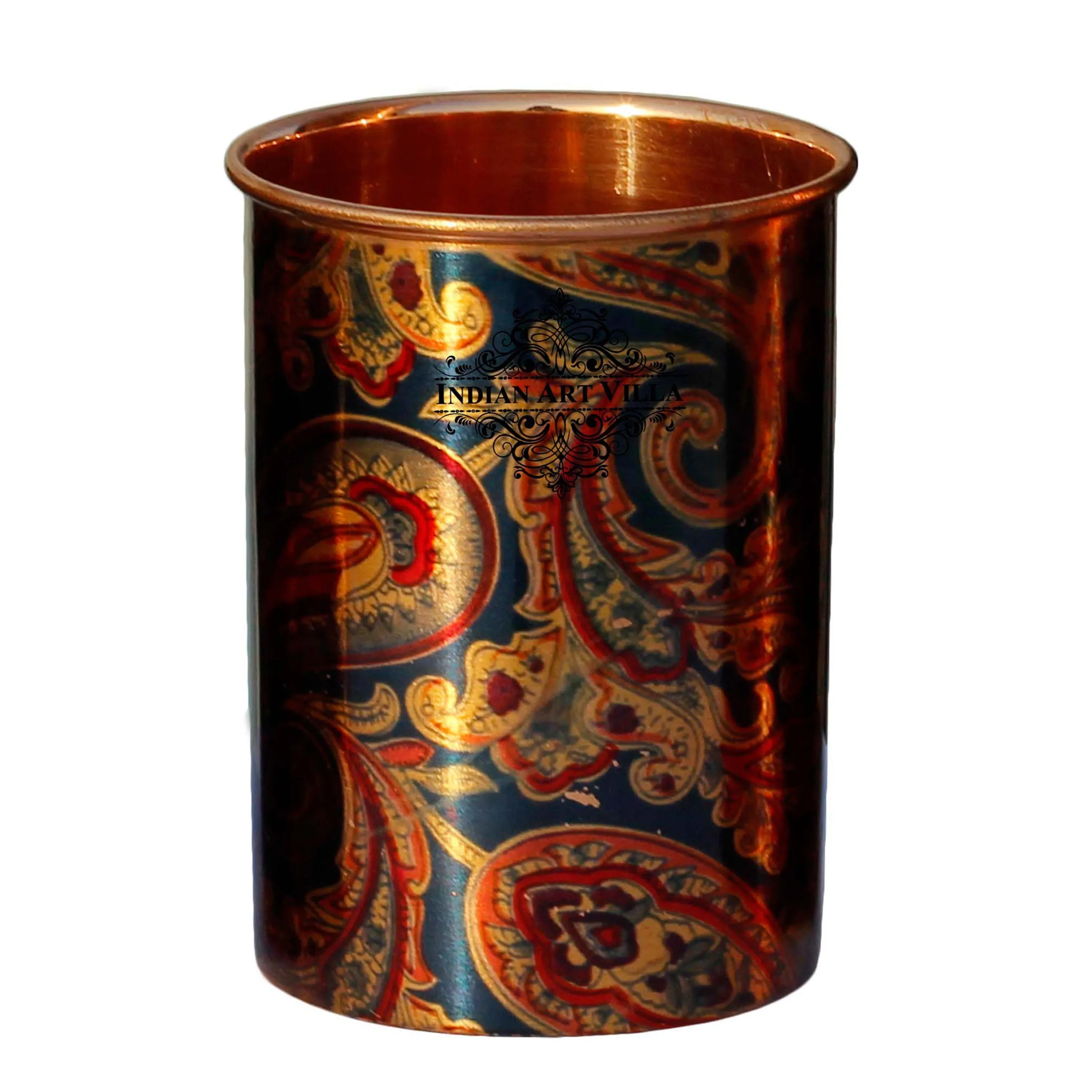 Indian Art Villa Pure Copper Glass Tumbler Printed Designer Drinkware Serveware