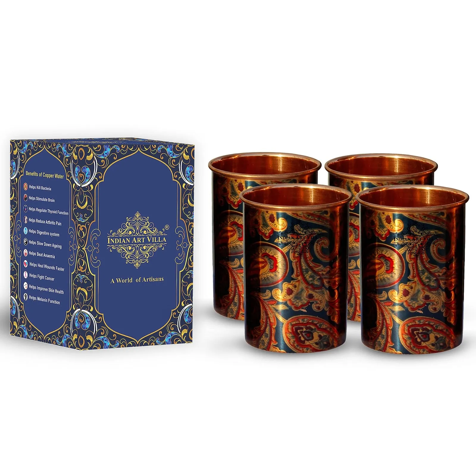 Indian Art Villa Pure Copper Glass Tumbler Printed Designer Drinkware Serveware
