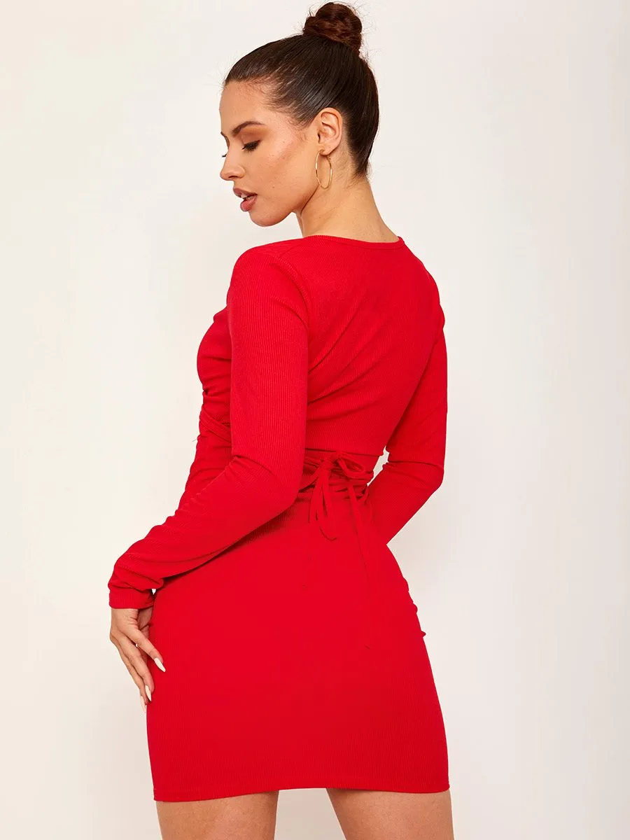 Maggie Criss Cross Bust Ribbed Bodycon Dress In Red