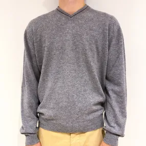 Men's Ash Grey Elbow Patch Cashmere V-Neck Jumper Large